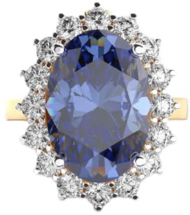 Verlobungsring „Halo“ aus 925er Sterlingsilber mit Prinzessin Diana-Motiv | vergoldet | mit Iolith und Moissanit, ovale und runde Form, luxuriöser handgefertigter Schmuckring für Damen | LKJR_0375
