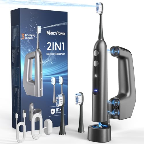 Marchpower Cepillo de Dientes Eléctrico Sónico con Irrigador y 46° Oscilación Vibración, IPX7 Impermeable Irrigador Dental Portatil con 2 Cabezales Aceptado, Depósito Magnético de Agua de 155 ml