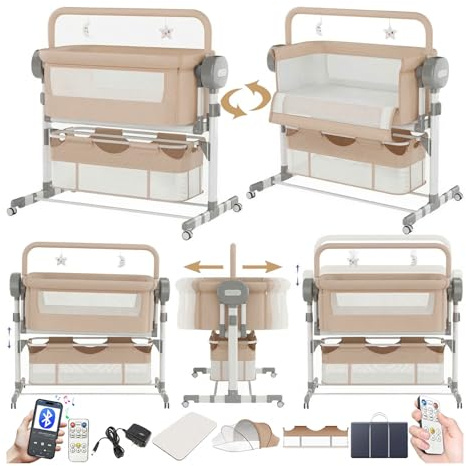 Doraystar Beistellbett Baby, Convertible Großer Raum Babybett für Co-Sleeping, Beistellbett Baby Boxspringbett mit Rollen Multifunktionale Faltbare mit 5 Schwankende Getriebe (608 Khaki)