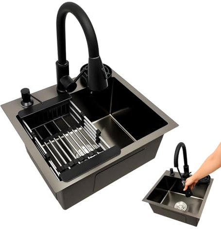 OUBUBY Évier Cuisine Égouttoir Noir 45×40cm Évier de Cuisine 1 Bac en Acier Inoxydable Évier d’Angle Moderne Encastrable avec Panier de Drainage, Robinet, Distributeur de Savon pour Cuisine Noir