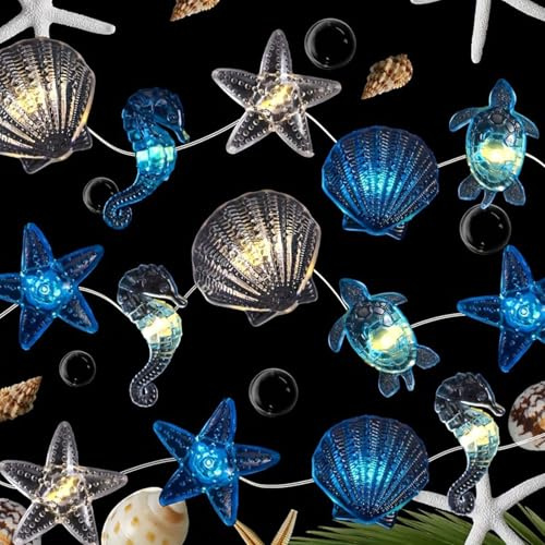 Falafoty Starfish Seashell String Lights,3M 20LED Under The Sea Fairy Light Battery Operated,Ocean Theme Decorative Light String for Indoor Outdoor Bedroom Birthday Wedding Beach Party (Blue Seahorse)