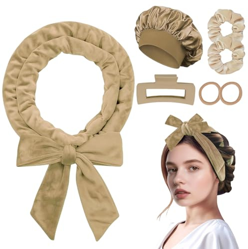 CENCERY Kit de Boucles sans Chaleur, Bigoudis de Nuit pour Cheveux Longs avec Tiges de Bouclage, Pinces, Bonnet de Sommeil et Bande de Soie, Kaki