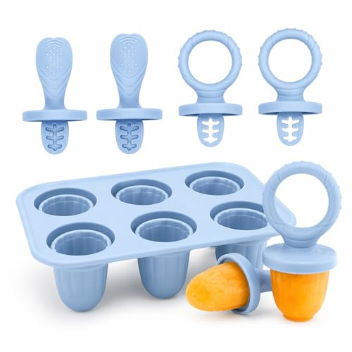 Eisformen Silikon BPA Frei, 6er Mini Eis am Stiel Formen Set, Silikon Eisformen mit Stiel und Tropfschutz, Wiederverwendbare Eisform für Fruchtpüree & Joghurt, Stieleisformen für den Sommer, Graublau
