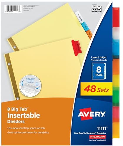 Avery Insertable Dividers for 3 Ring Binders, 8 Tabs per Set, Multicolor Big Tabs, Buff Paper with Gold-Reinforced Holes, Great for Organizing Reports, Projects, and More (48 Sets of 11111)