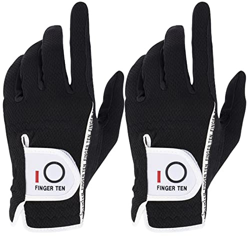 FINGER TEN Gants De Golf Hommes Homme Main Gauche Droite PoignEe Lot De 2， Gant Chaude Et Humide Durable Confortable Gants Doux S M L ML XL Noir Gris (Main Gauche(Worn on Left Hand)-Noir, L)