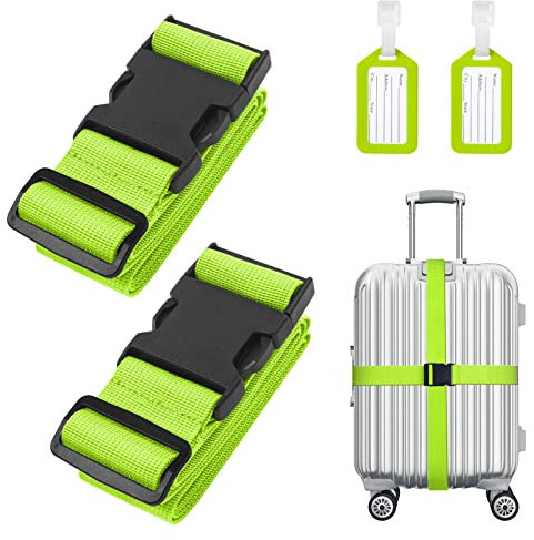 Flintronic Cinghia per Valigia, 2 Pezzi Cinghie per Bagagli, Regolabile Cinghie Bagagli con 2 Viaggio Bagagli Tag Cinghie da Viaggio con Fibbia Chiusura Identificare la Valigia(180+8cm)