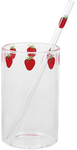 TOPBATHY Erdbeerglas Trinkbecher Mit Gerade Strohhalm Hitzebeständige Milchschale Aus Glas Transparenter Kaffee- Und Teebecher Für Saft Milch Zuhause Und Büro