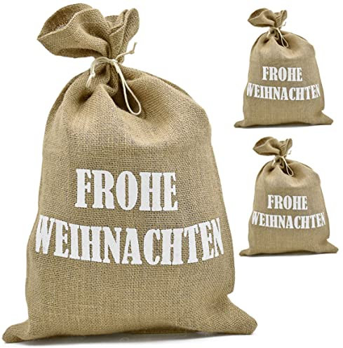 3x Jute Weihnachtssack 35x50cm - Große Geschenketasche für Weihnachten - Geschenkesack Jutesack Nikolaussack Geschenktasche - mit Schriftzug Frohe Weihnachten