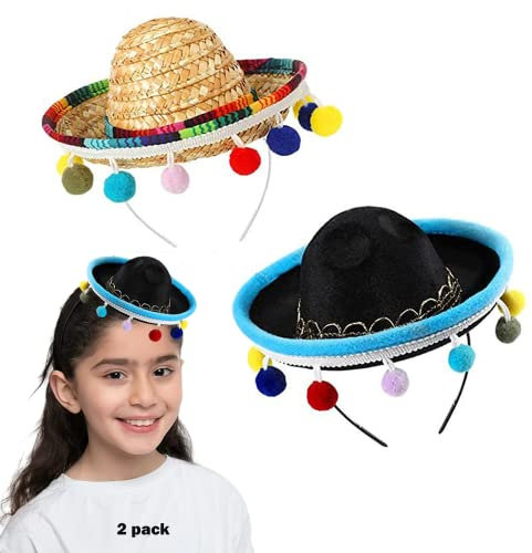 SEIHDHIK 2 PCS Mini Sombrero Headbands, Small Fabric Mexican Sombrero Hats,Straw Mexican Sombrero Hats with Ball Fringe for Mexican Themed Party Decorations Birthday Party Supplies