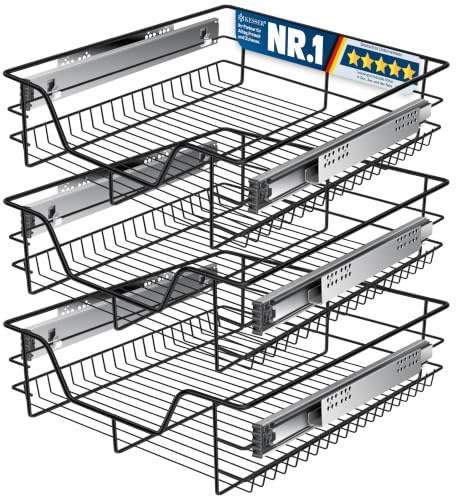 KESSER® Teleskopschublade 3er Set 50cm Schrankbreite verchromt aus Edelstahl Schubladeneinsatz für Küchenschrank Korbauszug Schrankauszug, Schwarz