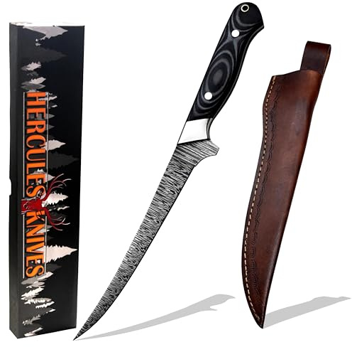 Hercules Knives Custom Hand Forged Damascus Steel Fillet Knife Fisherman's Filet G-10 Micarta Handlle Leather Sheath Fixed Blade Handmade Knife Ultra Sharp Edge(Damascus Steel)