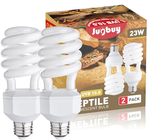 Jugbuy UVB Reptile Light Bulb 10.0, 23W UV Spiral Compact Florescent Terrarium Lamp Ideal for Desert Reptiles Bearded Dragons Lizard Tortoise Iguanas Chameleons Snake - 2 Pack
