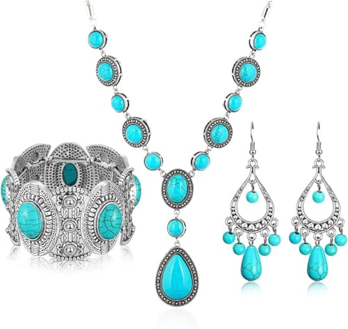 TOEECY Set Gioielli Turchese Geometrico Collana Bracciale Orecchini Combinazione Elegante Stile Vintage Argento Antico Decorazione Femminile