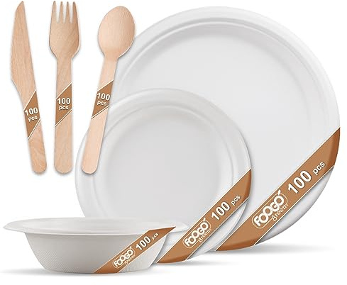 FOOGO Green 600pcs Sugarcane Fibre Strong Paper Plates, Round | Bowls and Cutlery Set, FSC® Certified, 100x Large Round, 100x Small Plates, 100x Bowls, 100x Forks, 100x Knives, 100x Spoon