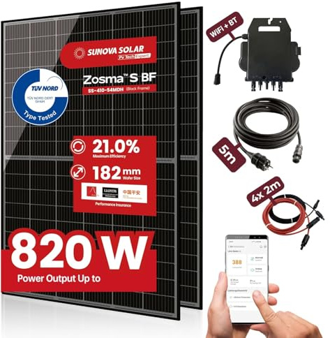 Balkonkraftwerk 820 Watt Komplettset mit 2x 410W Mono-PERC Solarmodulen der Marke Sunova Solar, Steckdose, APsystems Wechselrichter, 5 Meter Schutzkontaktkabel, 4x 2 Meter DC Kabel, mit Halterung