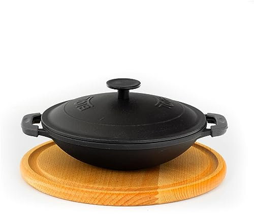 ervierpfanne 14 cm aus Gusseisen emailliert Wok-Pfanne mit Holzbrett Bratpfanne mit Ständer, für Fajitas, BBQ, Omelette, Tapas und Desserts Gusswok mit Holzuntersetzer