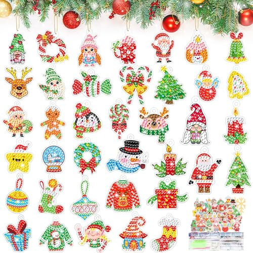 38PCS Diamond Painting Weihnachtsbaum Anhänger 5D DIY Weihnachtsanhänger Diamond Painting Weihnachten Anhänger Set Weihnachten Diamant Malerei Schlüsselanhänger für Kinder Erwachsene