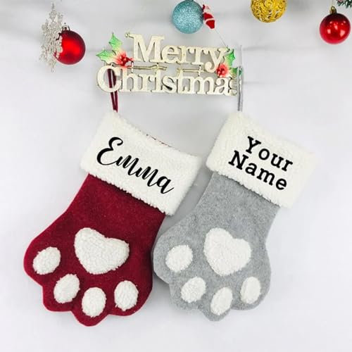 ggtg Medias navideñas Rojas y Grises Personalizadas para Perros y Gatos, Medias con Estampado de Pata, Calcetines Navidad Personalizados (Rojo,39x20x25.5cm)