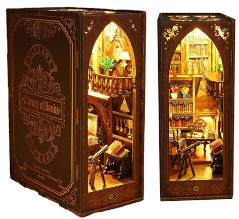 DIY Book Nook Kit, 3D Puzzle Puppenhaus Kit, Holz Buchstützen Miniatur Haus Kit mit LED-Licht, Bücherregal Deko Ornamente Bücherstand Dollhouse Modellbausätze für Erwachsene, Kreatives Geschenk (A)