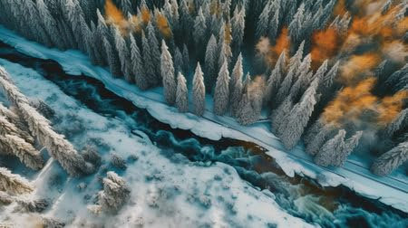 adrium Acryl-Bild 90 x 50 cm: Luftaufnahme des Winterwaldes mit gefrorenem Fluss und schneebedeckten Bäumen (211246974)