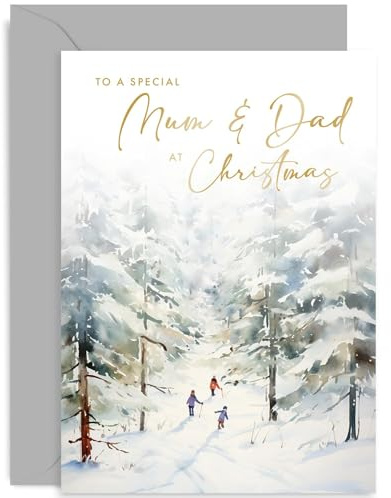 Old English Co. Besondere Weihnachtskarte für Mama und Papa – Weihnachtskarten für Eltern – festliche Schneeszene, Kunstwerk, Frohe Weihnachtskarte für Familie – Goldfolie, innen blanko