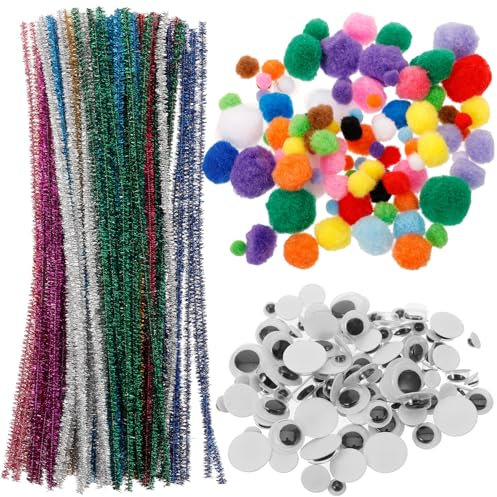 HOODANCOS Kunst- Und Bastelbedarf Für Pfeifenreiniger Pompons Wackelaugen Knöpfe Pailletten Diy-Bastelmaterialien Für Kinder Kleinkinder Schulprojekte
