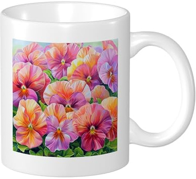 Spring Pansy Mug Rustic Aesthetic Petal Leaf Hand Drawn Floral Pink Ceramic Tea Cup Coffee Mug for Office and Home Outdoor Table With Handles Kitchen Tea Steeping Coffee Mug 11 Ounce