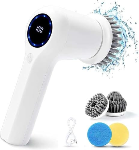 VakmQer Electric Handheld Spin Scrubber - IPX7 Waterproof, Cordless Portable Brush, 4 Replaceable Brush Heads, LCD Display, Kitchen Dish Washing, Bathroom/Wall Gap, Floor/Window/Home Cleaning