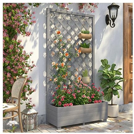 Jardinière Brise Vue Treillis Plante Grimpante Exterieur, Lit de Jardin surélevé avec Treillis pour Plantes grimpantes de Vigne, Fleurs, légumes avec Trous de Drainage (Color : Gray)