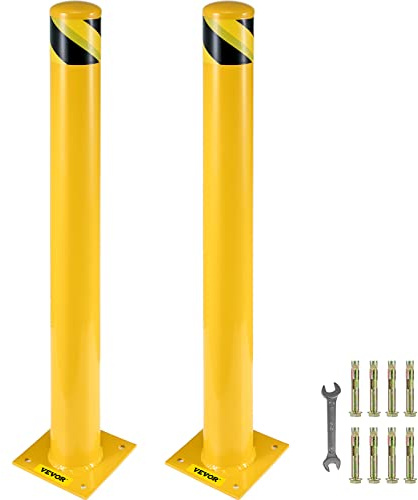 VEVOR Bolardo de Seguridad Metal 48x5.5, 2 Piezas Bolardo de Seguridad de Tubo Acero Recubrimiento de Polvo Amarillo Barrera de Seguridad con 8 Pernos de Anclaje para Aparcamiento, Peatones, Escuelas