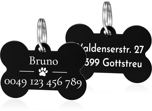 Schwarz Hundemarke mit Gravur 2 Stück Tiermarke inkl. 2 Schlüsselring Namensschild für Halsband Personalisierte Adressanhänger Erkennungsmarken Knoch Plakette für Hunde Dog Tag