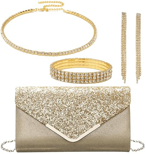 OUAYEMEL Damen-Handtasche mit Glitzer-Umschlag, Pailletten, Abend-, Hochzeits-Handtasche, Geldbörse, Brautschmuck, Abschlussball, Party, Schultertaschen, elegant, 4-teiliges Schmuck-Set mit