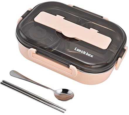 VINGVO Thermo Lunchbox, Lunchbox aus 304 Edelstahl, Kinder Brotdose, Box mit Fächern, Warmhaltebox für Essen, 1.3L Box mit Vier Fächern und Essstäbchen Löffel, für das