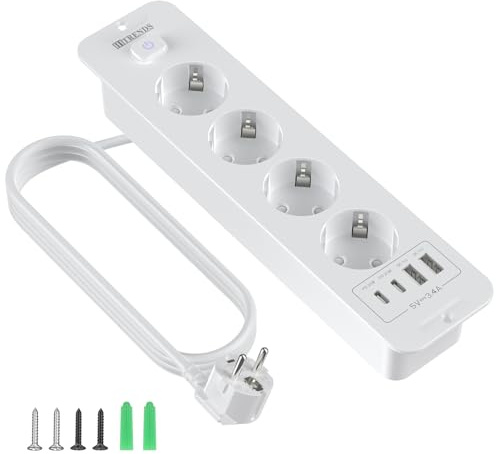 Infällbar grenuttag med 4 uttag och 2 USB-portar, infällbar bordsskiva, 2 m kabel, vit
