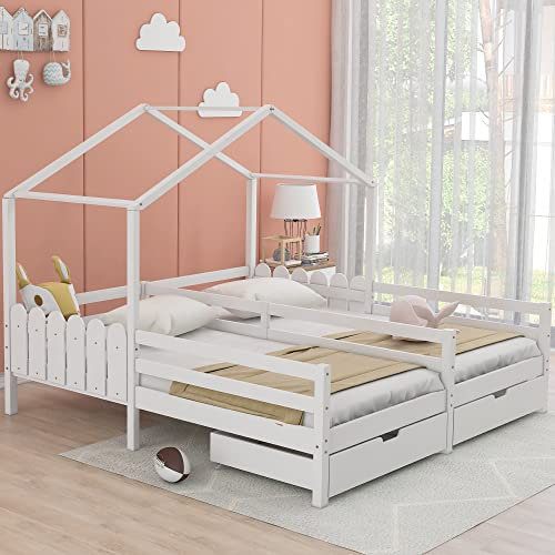 ANIROY Hausbett, Doppelbett, Kinderbett, Gitterbett mit 2 MDF-Schubladen, Schubladen auf Rollen, Lattenrost aus Kiefer, 200x90cm, Weiß