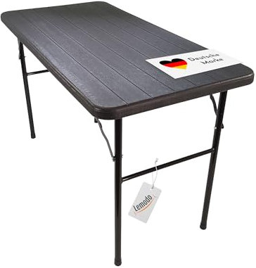 Lemodo Klapptisch mit Tischplatte in Holzoptik, Balkontisch klappbar 120 x 60 cm (L x B), Gartentisch wetterfest, Plastiktisch in schwarz, Balkon Tisch für bis zu 6 Personen