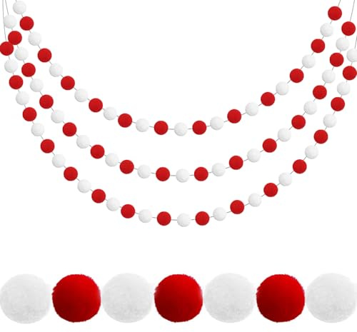 3 Stück Pompom Girlanden, 2M Filzkugeln Girlanden, Pompom Girlande Filz, Pompom Girlande Filzkugeln mit 90 Stück Bälle, Filz Kugel Girlanden für Wand Kinderzimmer Christbaum Schmuck(Rot Weiß)