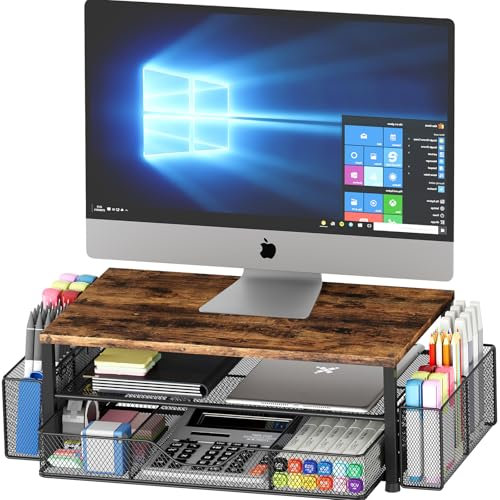 OPNICE Desk Organizer and Accessories, 2-Tier Computer Monitor Stand Riser with Drawer and 2 Pen Holders, Laptop Stand, Office Desk Accessories for Office Supplies, Brown