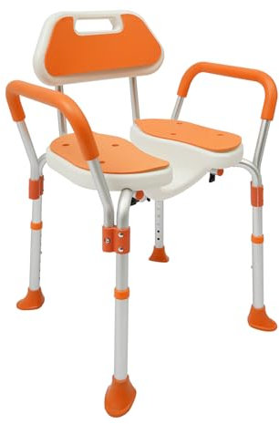 Duschhocker, Duschstuhl für Senioren Rückenlehne und Armlehne, Höhenverstellbar Badestuhl mit Rutschfesten Eva-Polster, Tragfähigkeit von 275,58 lbs, Orange