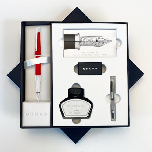 AT Cross Beverly Füllfederhalter-Set mit Tinte und Konverter, in Geschenkverpackung, Federbreite und Farbe wählen (rotes Füllfederhalter-Set)