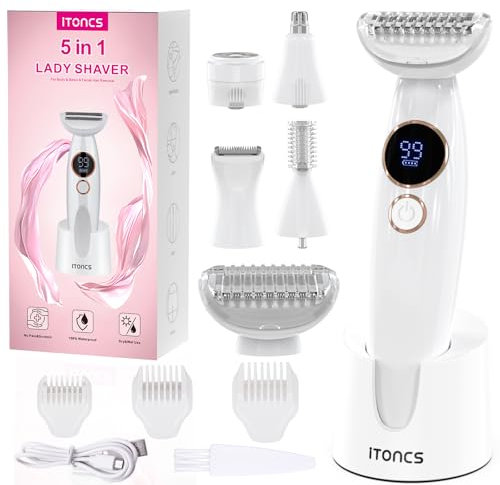 iToncs Rasierer Damen, 5-in-1 Elektrischer Intimrasierer für Frauen, IPX7 Wasserdichter Damenrasierer, Schmerzloser Nass-Trocken-Rasierer für Bikini, Achseln, Beine, Augenbrauen & Nase, USB-Ladestati