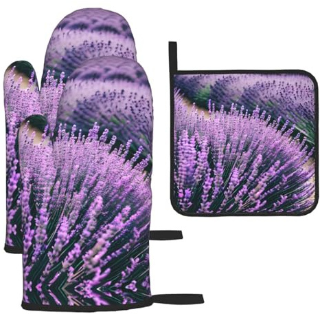 Purple Lavender Print Oven Mitts and Pot Holders Set,Cooking Mitts,Cooking Mitts and Pot Holders,Oven Gloves Set