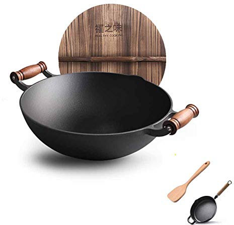 SGKOMN Pentola in ghisa da 36 cm, Padella Antiaderente Antiaderente Non Rivestita a Doppia Faccia, pentolame Multiuso addensante, Fondo Tondo(B-Flat Bottom)