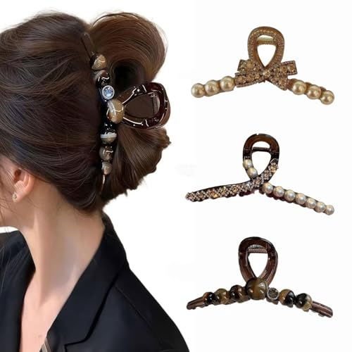 Pinzas para el Pelo con Perlas,3 PCS Horquillas Grandes Café Marrón para Mujer Accesorios Cabello Resistente y Antideslizante,pinzas para el pelo Vintage con perla,Uso Diario