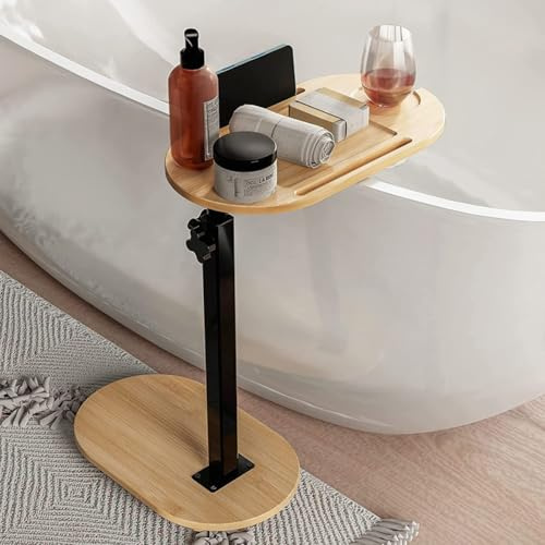 Laneryin C-Shaped Bed Side Table for Bedroom Adjustable Height Couch Tray Bath Tub Side Tray Table with 360° Rotating for Hot Tub Bedside Sofa Balcony