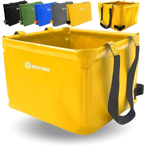 BERGTIGER® Faltschüssel Camping 18/22/26L mit EXTRA GRIFF I Faltbare Outdoor Spülschüssel & Spülwanne I Waschschüssel faltbar zum Abwaschen I robustes Camping Zubehör (Sonnengelb/Schwarz - 26 Liter)