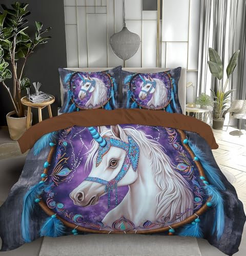 MULERN Singolo Set Copripiumino in Stile Sogno Arte, Completo di Biancheria da Letto con Motivo Acchiappasogni Cavallo, 3 pezzi Copripiumino Ultra Morbido Microfibra Reversibile, con Federa
