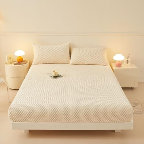 HAIBA Sábana bajera ajustable de felpa de 200 x 220 cm, colcha de invierno de forro polar, franela de tacto de cachemira para cubrecolchón de somier, se adapta a hasta 30 cm de profundidad