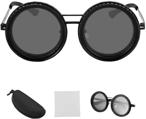 Strixorn Verstellbare Sonnenbrille, 1-9 Gänge Rund Adjustable Sunglasses, Mit Nd-filterlinsen, UV-Schutz, Blendfrei, Stufenlos Verstellbaren Gläsern für Autofahren, Angeln, Wandern und Sport, Schwar