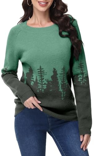 TrendiMax Damen Fair Isle Pullover Herbst Winter Langarm Strickpullover Rundhals Warm Pullover Vintage Knit Sweater Jumper (M, Grün Fairisle)